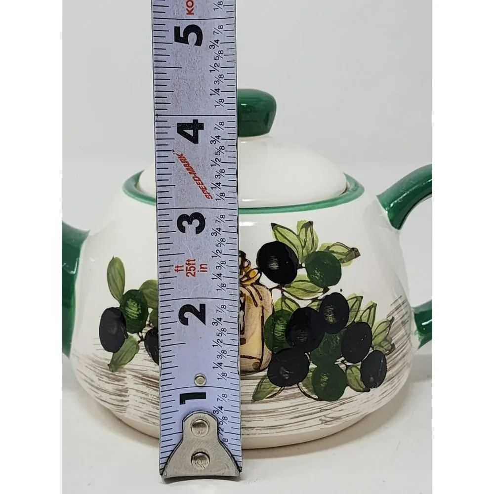 Vintage Single Serve Teapot Black‎ Olives Leaves GreenBlackBrownWhite Unmarked